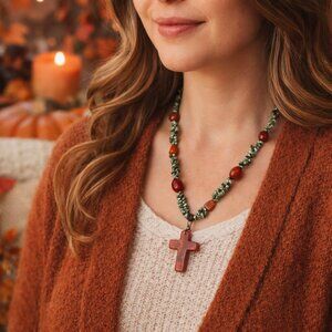 Stone Cross-Pendant 14" Green Southwestern Style Statement Necklace